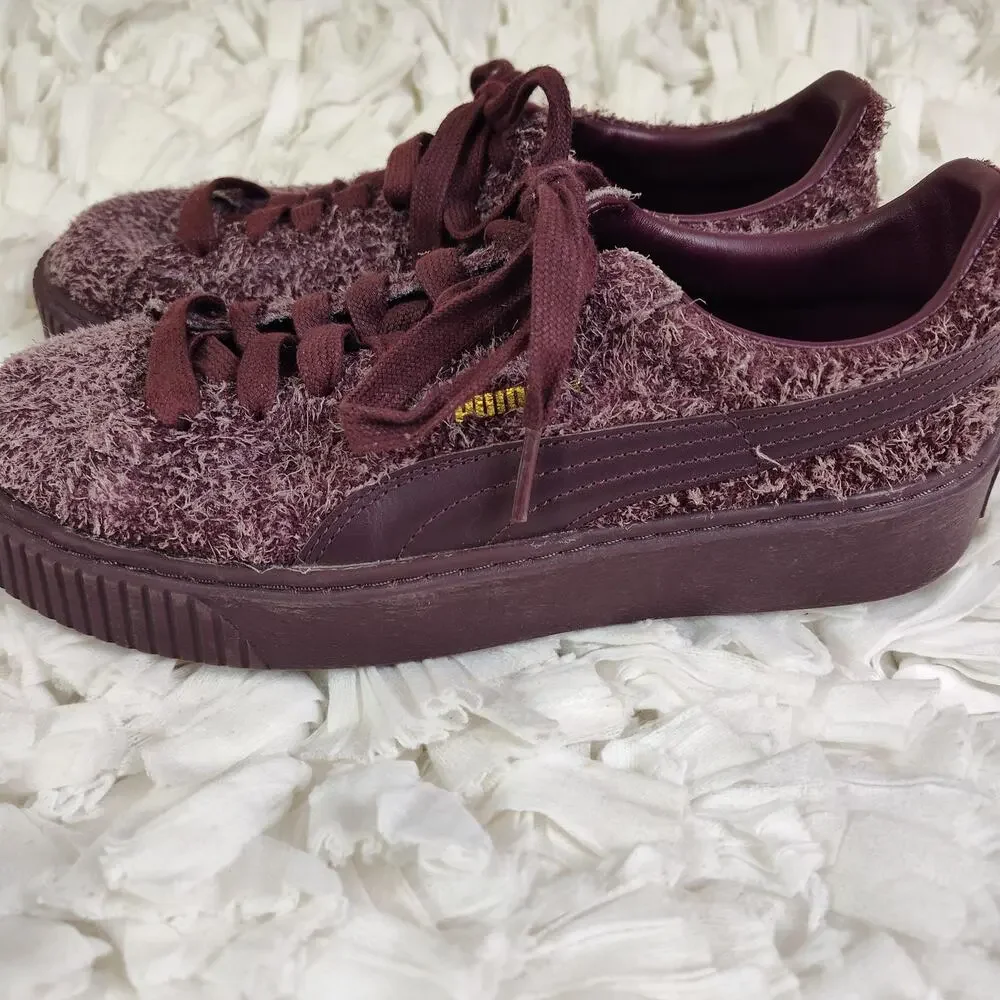 Puma Platform Shoes Womens Size 8 Purple Fuzzy Leather Low Top Sneakers